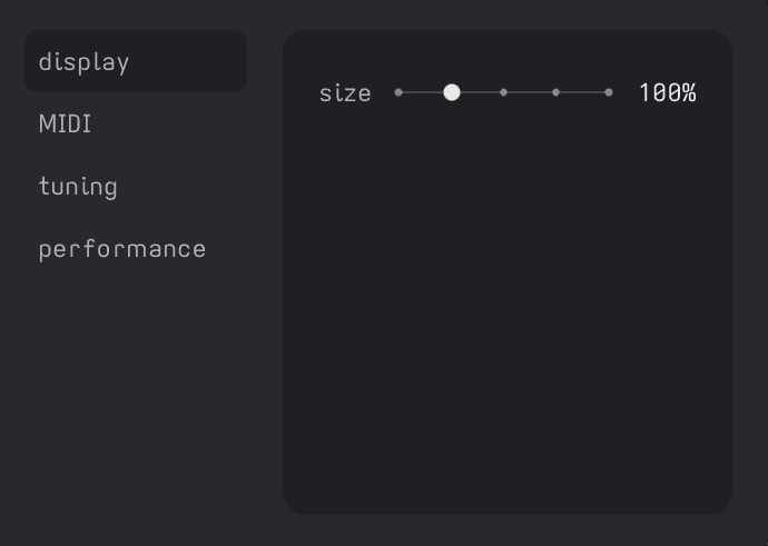 Settings modal on display tab showing interface size control