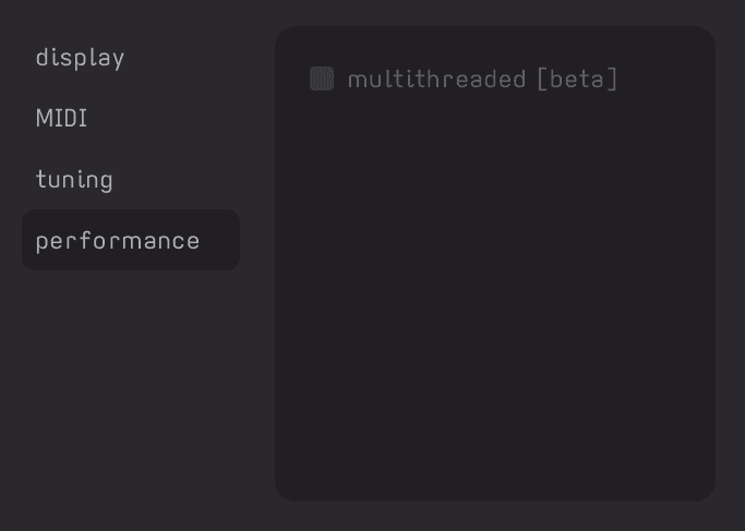 Settings modal on performance tab showing multithreaded beta option